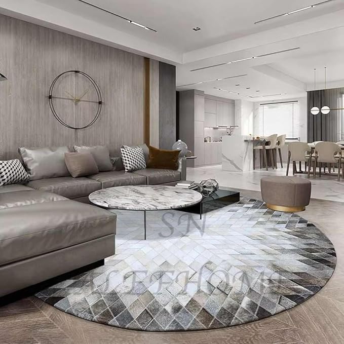 Cowhide Hairon Leather Round Rug, Geometric Patterned Circle Carpet for Living Room, Bedroom, Hall, Brown, 8×8ft
