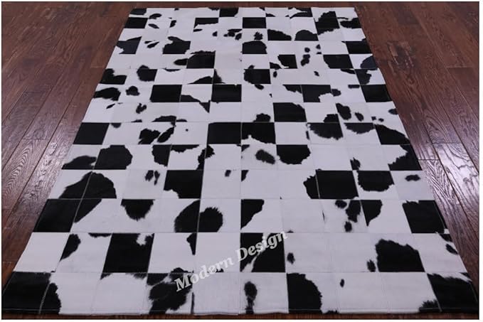 Modern Design Premium Cowhide Leather Carpet with Chevron Pattern, Area Rug (Black/White, 3x12)