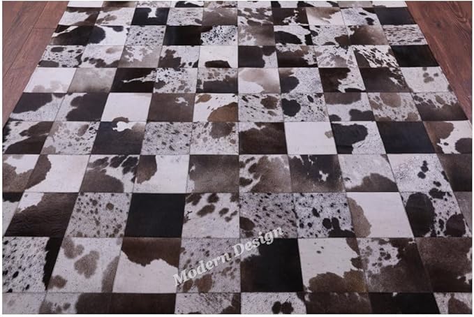 Modern Design Premium Cowhide Leather Carpet with Chevron Pattern, Area Rug (D.Brown/White, 4x6)