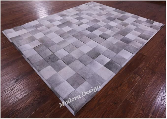 Modern Design Premium Cowhide Leather Carpet with Chevron Pattern, Area Rug (Grey, 3x14)