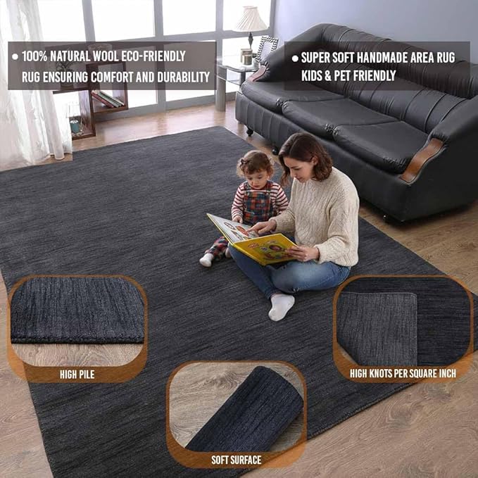 Hand Knotted Loom Wool ECO-Friendly Area Rugs - 6'x9', Rectangle, Charcoal Color, Solid Plain Design, High Pile Handmade Anti Skid Area Rugs for Living Room, Bed Room (L00111)