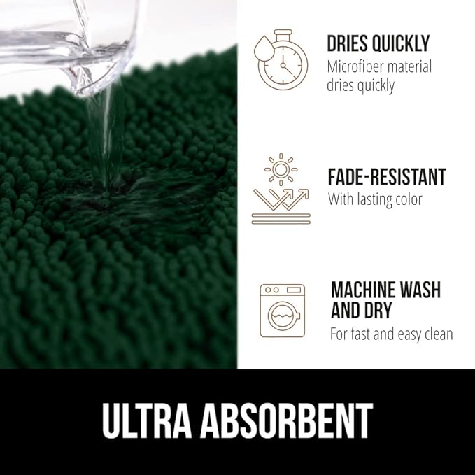 GORILLA GRIP Bath Rug Mat 44x26, Soft Absorbent Chenille, Quick Dry Microfiber Mats, Rubber Backing Washable Shower Floor Rugs, Bathmat Runner, US Designed Bathroom Decor Accessories Hunter Green