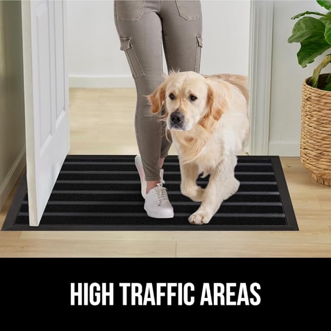 GORILLA GRIP 100% Waterproof All-Season WeatherMax Doormat US Designed Natural Rubber, Stain and Fade Resistant, Low Profile Indoor Outdoor Door Mats, Easy Clean Patio Mat, 23x35, Black Stripe