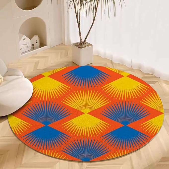 Vintage Blue Orange Round Rug Retro Pattern Print Area Rug Washable 8ft Circle Rugs for Living Room Bedroom Non Slip, Soft Indoor Floor Carpet for Kitchen Entryway Family Room