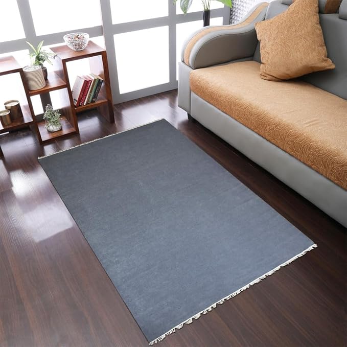 Rugsotic Carpets Hand Woven Flat Weave Kilim Wool ECO-Friendly Area Rugs - 6'x9', Rectangle Shape, Light Charcoal Color, Solid Plain Design, Low Pile Handmade Rugs for Living Room (D00111)
