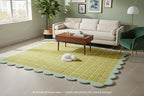 Checkered Wool Area Rug with Scalloped Border, Chartreuse Green & Cream Grid, Hand-Tufted, Soft Cut Pile, Modern Cottagecore Living Room, Bedroom & Nursery Carpet - 9x12 Ft