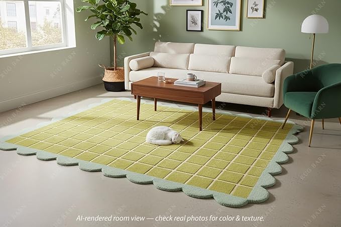Checkered Wool Area Rug with Scalloped Border, Chartreuse Green & Cream Grid, Hand-Tufted, Soft Cut Pile, Modern Cottagecore Living Room, Bedroom & Nursery Carpet - 2x3 Ft