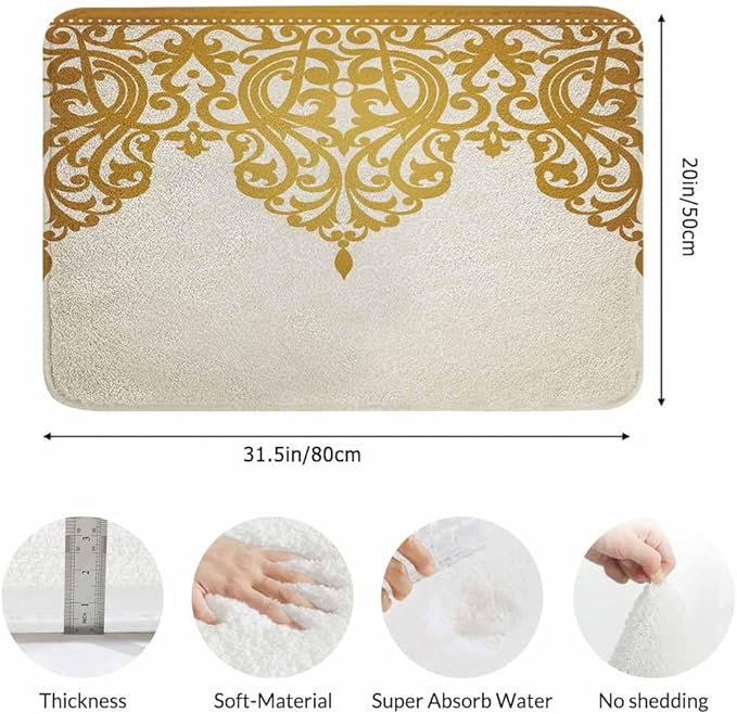 Floral Border Bath Mats for Bathroom Vintage Gold Flower Border Retro Victorian Style Pattern Floor Bath Rugs Machine Washable Bathmat Carpet Rug Room Decor for Shower Floor 20 X 31 Inch Mat