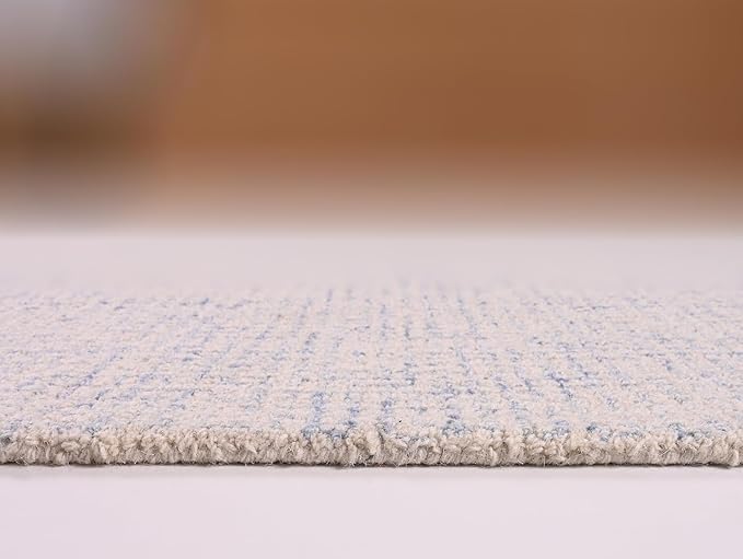 Hand-Tufted 100% Wool Pile Area Rug – Geometric Textured Grid Check Pattern – Thick and Durable Floor Carpet for Bedroom, Living Room, Kids Room, and Dining Area (Ivory Blue, 7' x 10')