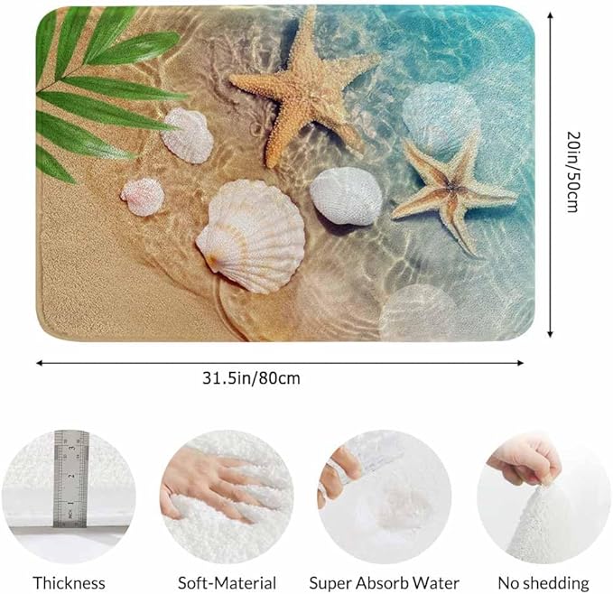 Palm Starfish Seashell Bath Mats for Bathroom Summer Beach Sea Sand Water Floor Bath Rugs Machine Washable Bathmat Carpet Rug Room Decor for Shower Floor 20 X 31 Inch Mat