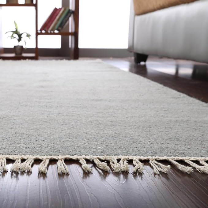 Rugsotic Carpets Hand Woven Flat Weave Kilim Wool ECO-Friendly Area Rugs - 6'x9', Rectangle Shape, Silver Color, Solid Plain Design, Low Pile Handmade Rugs for Living Room, Bed Room (D00111)