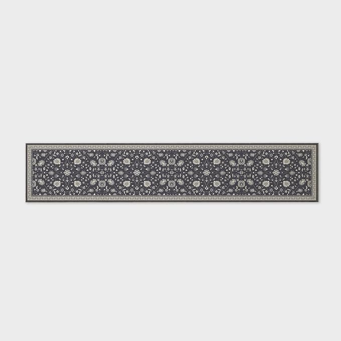 EVERGRACE Hallyway Area Runner Rugs 2x10, Boho Floral Faux Wool Indoor Outdoor Rugs, Washable Rugs for Bedroom Dining Room Living Room Kitchen, Low Pile Floor Mat Carpet for Home Decor, Ebony Black
