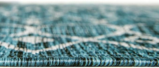 Unique Loom Outdoor Trellis Collection Area Rug - Tribal Trellis (7' 10" x 10' Oval, Teal/ Ivory)
