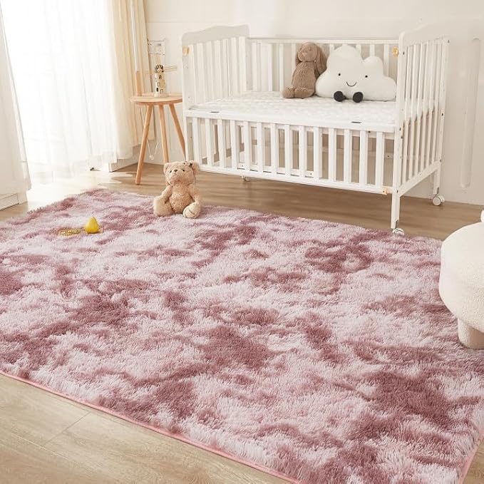 Andency 6x9 Area Rugs, Large Shag Fluffy Soft Shaggy Rugs for Living Room Bedroom, Non-Slip Tie-Dyed Dusty Pink Thick Plush Carpet for Kids Girls and Boys, Dorm Nursery Home Decor Aesthetic