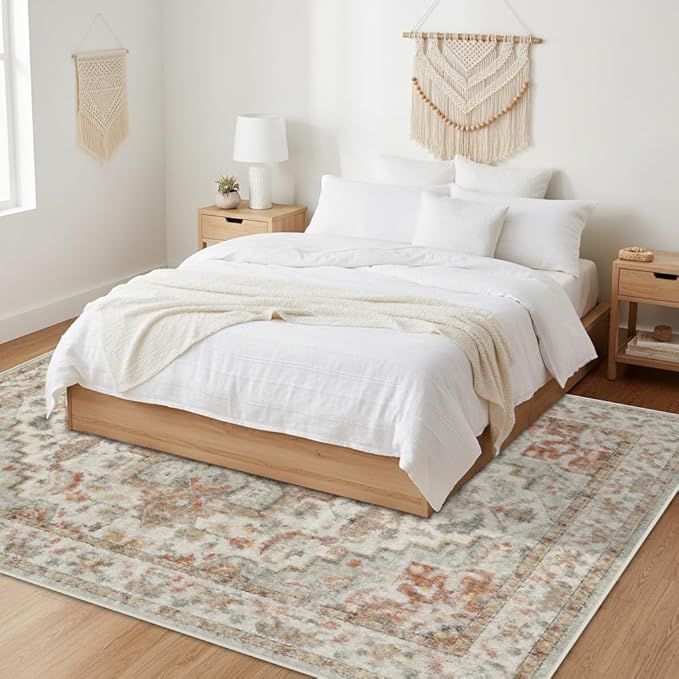 Enkor Area Soft Rugs 5x7 Washable Non Slip Boho Floor Rugs for Living Room Bedroom, Vintage Style Farmhouse Mat for Kitchen Entryway Beige & Orange