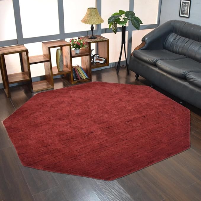 Hand Knotted Loom Wool ECO-Friendly Area Rugs - 10'x10', Octagon, Red Color, Solid Plain Design, High Pile Thick Handmade Anti Skid Area Rugs for Living Room, Bed Room (L00111)