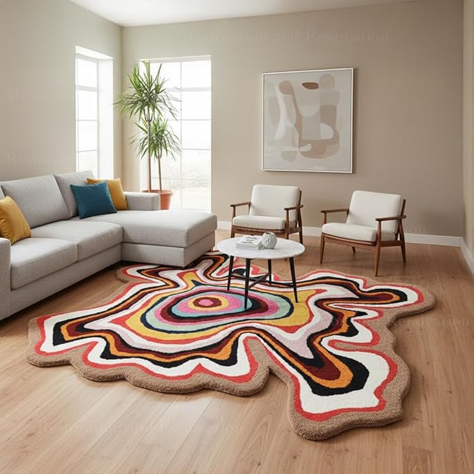 Irregular Shaped Handmade Wool Rug | Modern Colourful Stripe Premium Area Rug Perfect for Home Decor (Multi, 4x4 ft)
