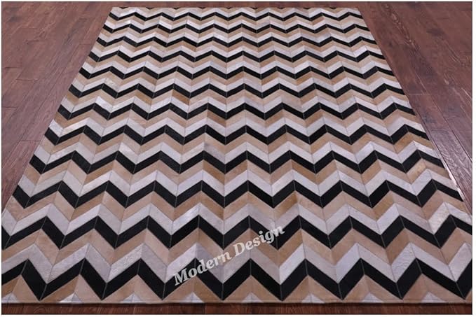 Modern Design Premium Cowhide Leather Carpet with Chevron Pattern, Area Rug (Beige/Black/Grey/Ivory, 9x15)
