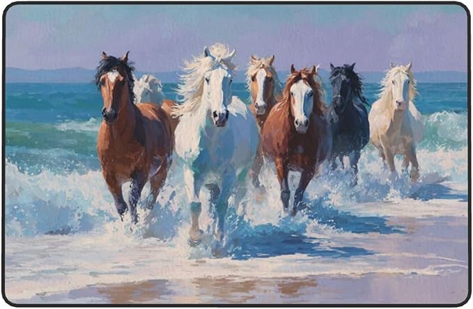 Horse Run Gallop in Waves Ocean Area Rug Washable Outdoor Rugs Anti-Slip Soft Carpet Entryway Indoor Door Mat for Bedroom,Living Room,Porch,Terrace and Entrance Decor 2'x 1'