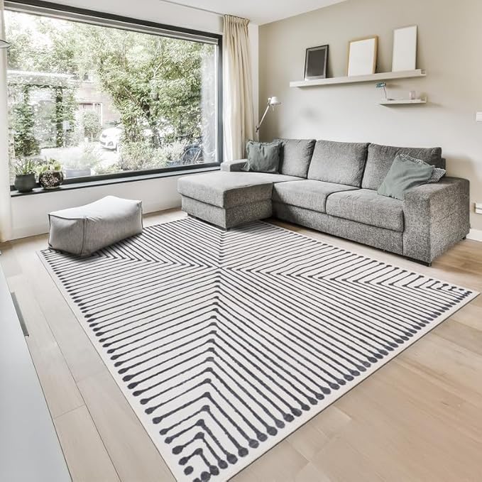 GLN Rugs Contemporary Collection - Machine Washable Area Rug, Contemporary Washable, Non Slip, Low Pile Chenille Rug, Living Room, Bedroom, Kitchen Rug (5' x 7' Black Beige)