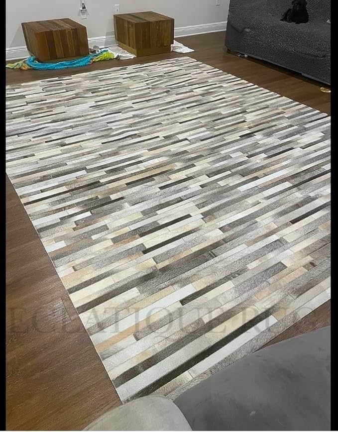 4x6 Cowhide Leather Rug, Modern Stripes Design, Dark Grey Area Rug for Living Room & Home Decor
