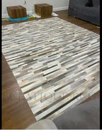 Cowhide Leather Rug for Living Room 8x10, Modern Stripes Style Floor Carpet, Dark Grey Area Rug for Home Decor