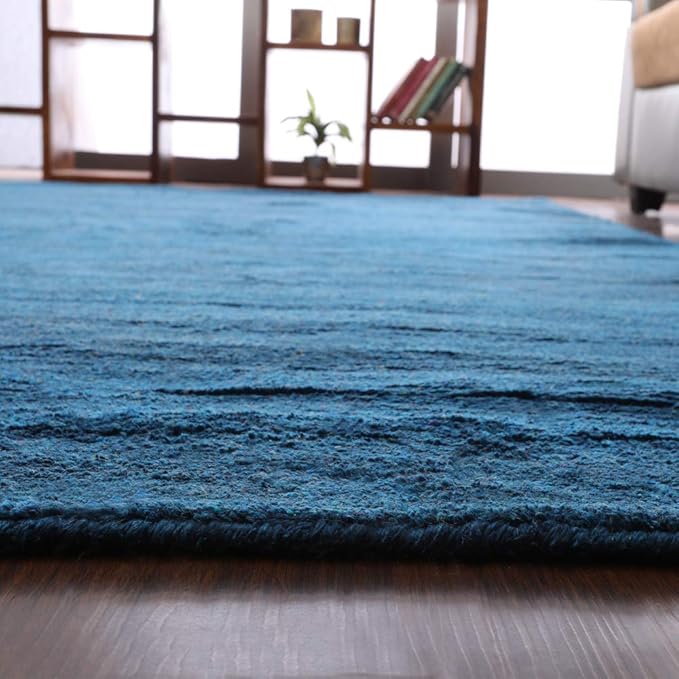Rugsotic Carpets Hand Knotted Gabbeh Wool 5'x8' Area Rug Solid Blue L00111