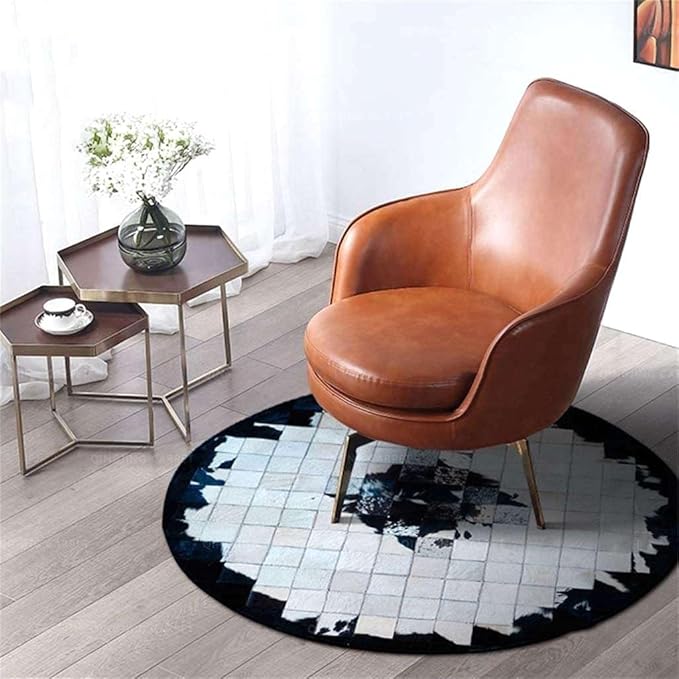 Round Black & White Cowhide Leather Area Rug – Modern Geometric Circle Carpet for Bedroom, Living Room, Dining, or Office – Soft, Non-Slip, Washable Accent Floor Rug | 10x10 ft