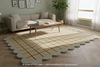 Scalloped Border Wool Area Rug with Windowpane Grid, Hand-Tufted, Beige-Blush with Sage Lines & Light Purple Edge - Soft High-Low Pile for Living Room, Bedroom, Nursery - 1x1 Ft (Sample)