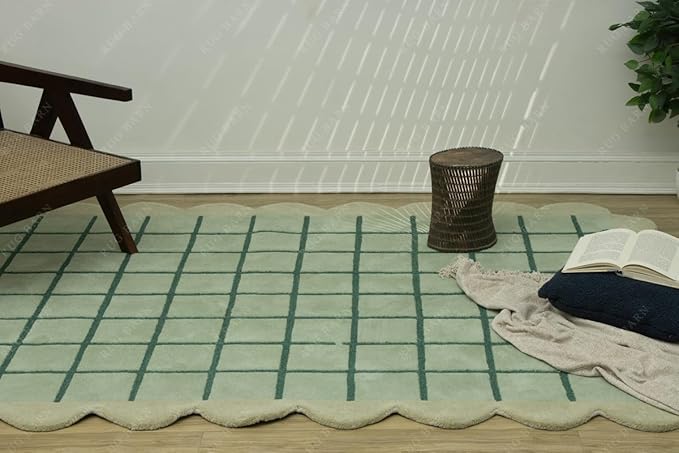 Mint Green Scalloped Edge Wool Area Rug with Checker Grid Design, Hand-Tufted Soft Carpet for Living Room, Bedroom, Nursery, Kids & Playroom Décor - 5x7 Ft