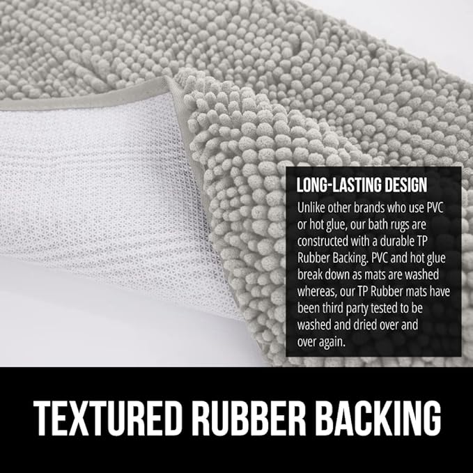 GORILLA GRIP Bath Rug Mat 48x24, Soft Absorbent Chenille, Quick Dry Microfiber Mats, Rubber Backing Washable Shower Floor Rugs, Bathmat Runner, US Designed Bathroom Home Decor Accessories Light Gray