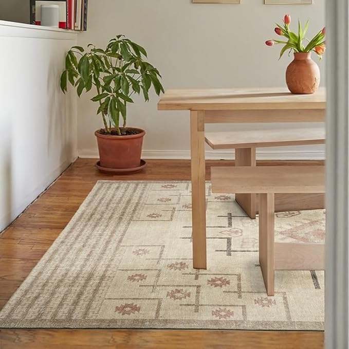 Revival Rugs Funk 8'x10' Zero-Shedding Area Rug for Living Room Bedroom - Oeko-TEX Certified, Low Pile, Spot Clean, Beige, Cream