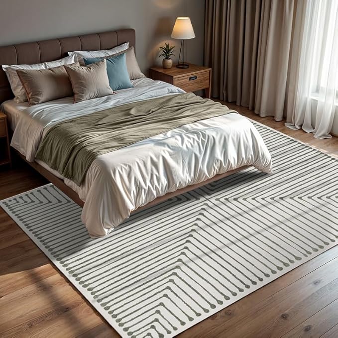 GLN Rugs Contemporary Collection - Machine Washable Area Rug, Contemporary Washable, Non Slip, Low Pile Chenille Rug, Living Room, Bedroom, Kitchen Rug (3' x 5' Green Beige)