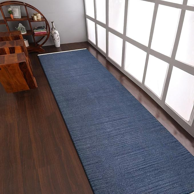 Rugsotic Carpets Hand Woven Flat Weave Kilim Wool 2'6''x6' Runner Area Rug Solid Blue D00111