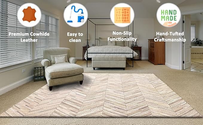 Elegant Rectangular Rug Cowhide Leather Stylish Luxury Non Slip Chevron Patchwork Area Rug for Living Room and Home Décor Floor Carpet (Beige-6 x 9 ft)