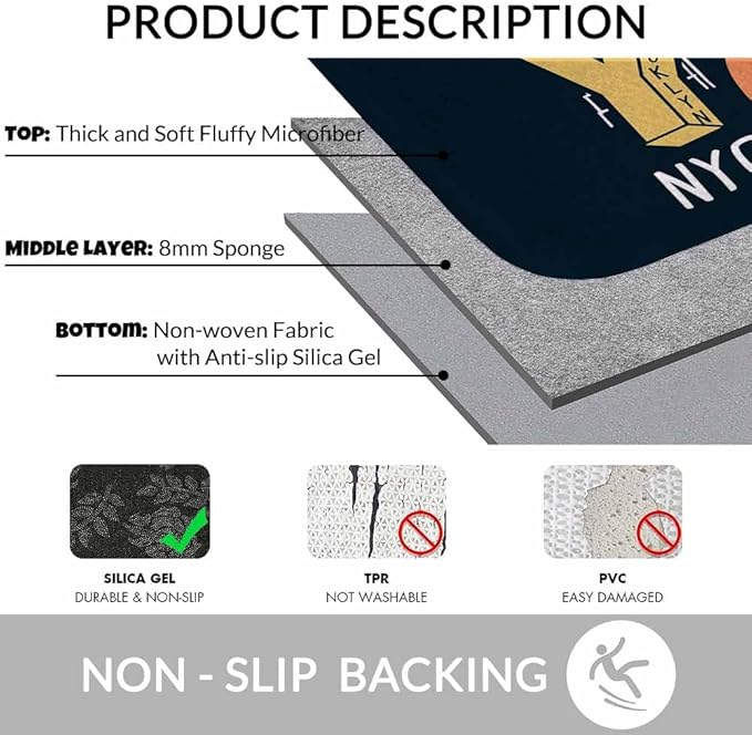 New York City Bath Mats for Bathroom New York Theme on Black Background Floor Bath Rugs Machine Washable Bathmat Carpet Rug Room Decor for Shower Floor 16 X 24 inch Mat