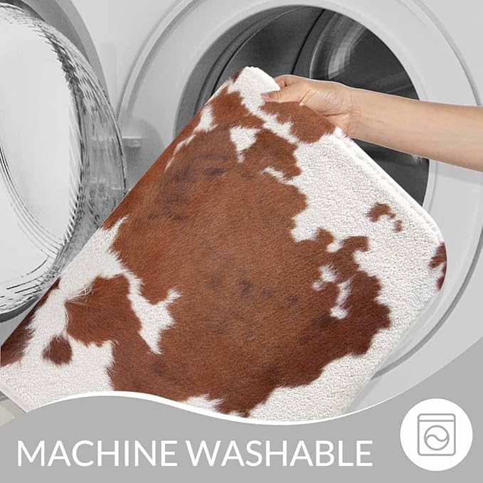 Cowhide Bathroom Mat Rugs Farm Animal Brown Cowhide Print Cow Microfiber Faux Cashmere Thick Plush Bath Mat Non-Slip Water Absorbent Bath Carpet for Bathtub Bathroom Floor Tub 16X24 Inch