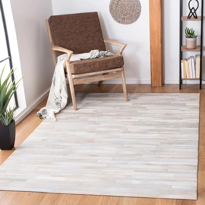 Cowhide Leather Carpets for Living Room 8x10 Natural Leather Area Rug Modern Stripes Style Floor Carpet for Home Decor | Superior Indoor Area Rug, Washable Rug White