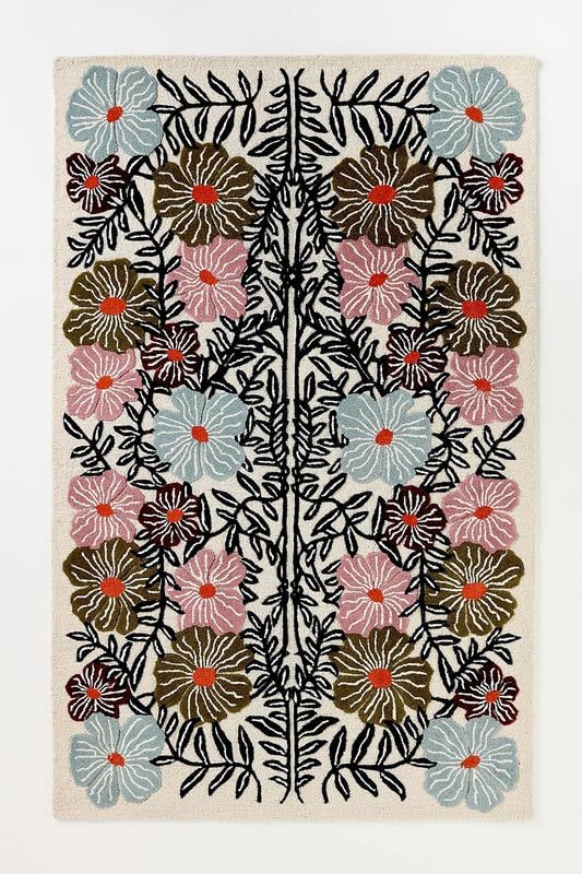 Bold Floral Hand-Tufted Wool Rug 8x10 Ft – Vintage-Style Area Carpet with Modern Botanical Pattern for Living Room, Bedroom, Nursery, Cottagecore Décor, Soft Wool Pile, Cotton Backing