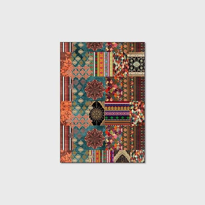 Vintage Boho Area Rugs Multicolor Ethnic Style Geometric Splicing Carpets Bedroom Living Room Kitchen Floor Mats Indoor Outdoor Non-Shedding Runner Rug Home Décor Carpet 4' X 5.2'