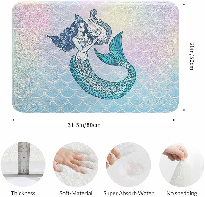 Mermaid with Harp Bath Rugs Microfiber Bathroom Mat Soft Plush Shaggy Shower Mat for Bathroom Fluffy Comfortable Water Absorbent Carpet Non-Slip Machine Washable 20"X30"
