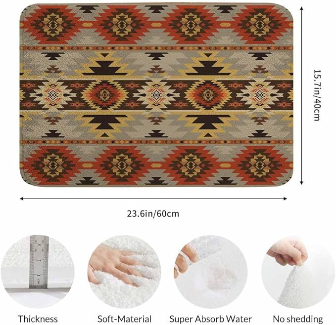 Geometric Pattern Bath Rugs American Navajo Style Aztec Microfiber Bathroom Mat Soft Plush Shaggy Shower Mat for Bathroom Fluffy Comfortable Water Absorbent Carpet Non-Slip Machine Washable 16"X24"
