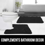 GORILLA GRIP Plush Absorbent Shaggy Chenille Bath Rug Mat for Oval Toilet Base with Rubber Backing, Machine Washable Rugs, Soft Microfiber Contour Mats for Toilets, Bathroom Decor, Black