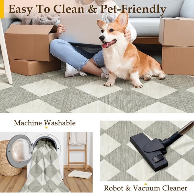 2x8 Runner Checkered Rug for Hallways Grey Washable Long Carpet Non-Slip Low Pile Boho Indoor Accent Throw Rug for Entrance Kitchen Bedroom Dining Laundry