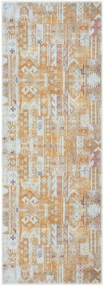GLN Rugs Traditional Collection - Machine Washable Area Rug, Traditional Washable, Non Slip, Low Pile Chenille Rug, Living Room, Bedroom, Kitchen Rug (2'6" x 10' Sand/Light Gray)