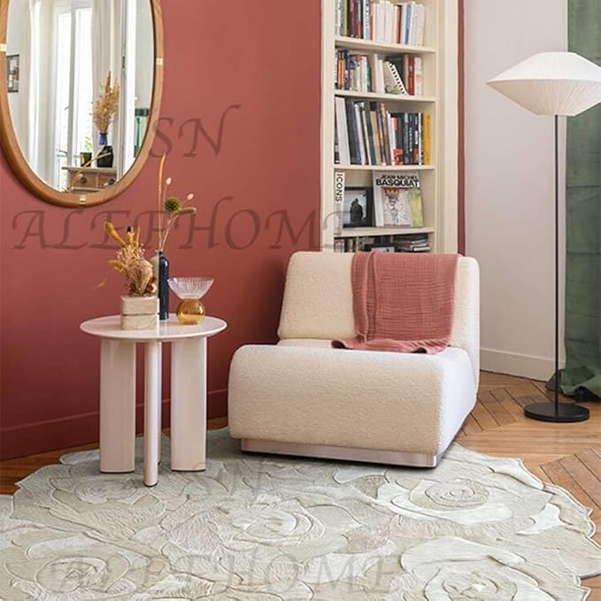Round Floral Area Rug – Elegant Textured Rose Design – Soft Decorative Circle Mat with Non-Slip Backing for Living Room, Bedroom, Nursery, or Entryway (White_4x4 ft)