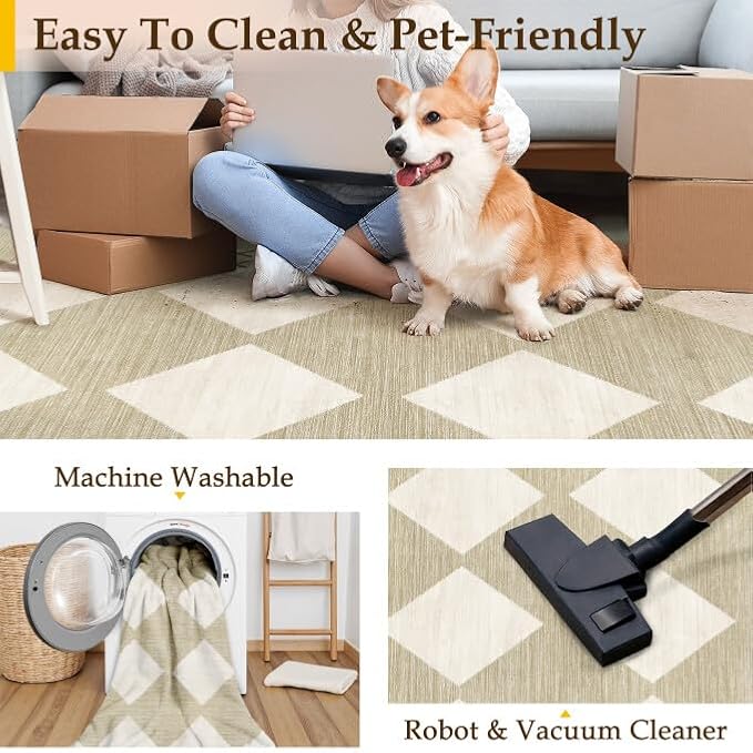 3x5 Checkered Area Rugs for Living Room Beige Machine Washable Large Rug Non-Slip Stain Resistant Low Pile Boho Accent Indoor Throw Carpet for Office Bedroom Dining Room Classroom
