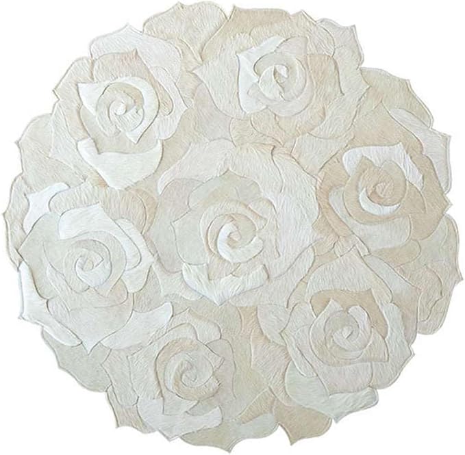 Round Floral Area Rug – Elegant Textured Rose Design – Soft Decorative Circle Mat with Non-Slip Backing for Living Room, Bedroom, Nursery, or Entryway (White_8x8 ft)