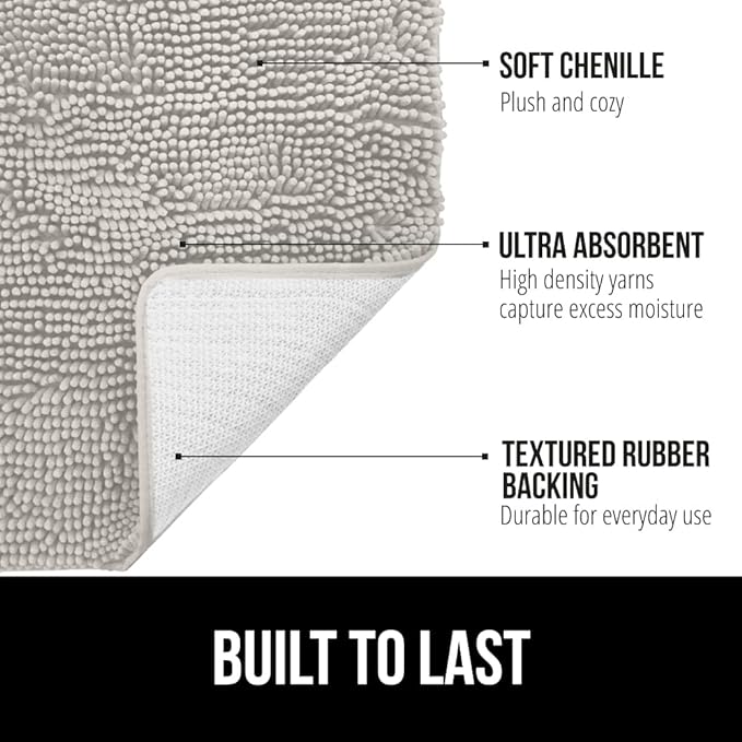 GORILLA GRIP Bath Rug Mat 30x20, Thick Soft Absorbent Chenille, Quick Dry Microfiber Mats, Rubber Backing Washable Shower Floor Rugs, US Designed Bathroom Bathmat Home Decor Accessories, Light Gray