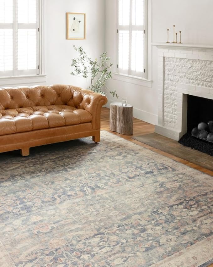 Loloi Hathaway Collection HTH-02 Denim/Multi 5'-0" x 7'-6", .25" Thick Area Rug, Soft, Durable, Printed, Modern, Low Pile, Non-Shedding, Easy Clean, Living Room Rug
